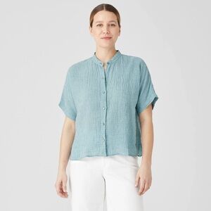 Eileen Fisher Puckered Organic Linen Band Collar Shirt